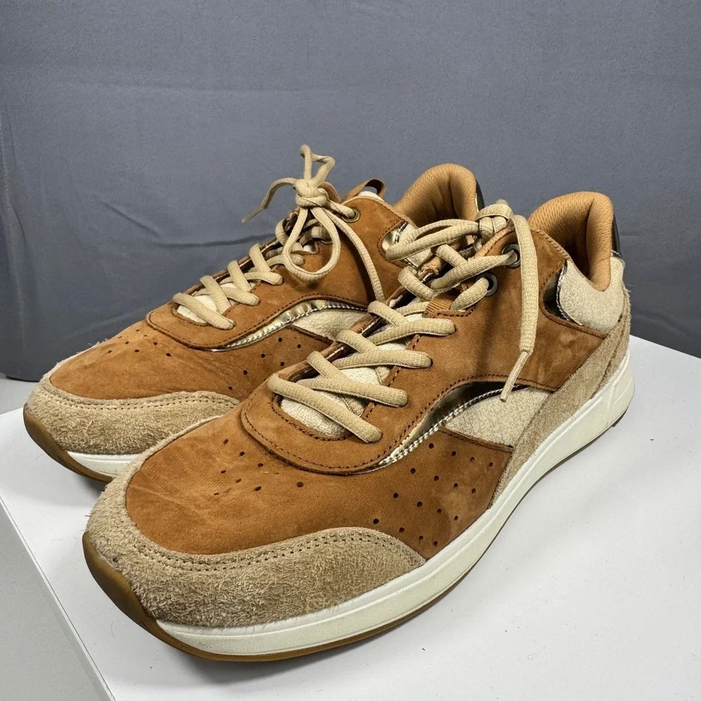 Vionic Nova Sneakers Mens 12 Tan Brown Suede Metallic Orthotic Walking Shoes